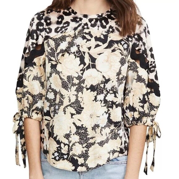 Rebecca Taylor Top Womens Gold Leaf Fleur Silk Long Sleeve Blouse Beige Sz 6 - Picture 1 of 8